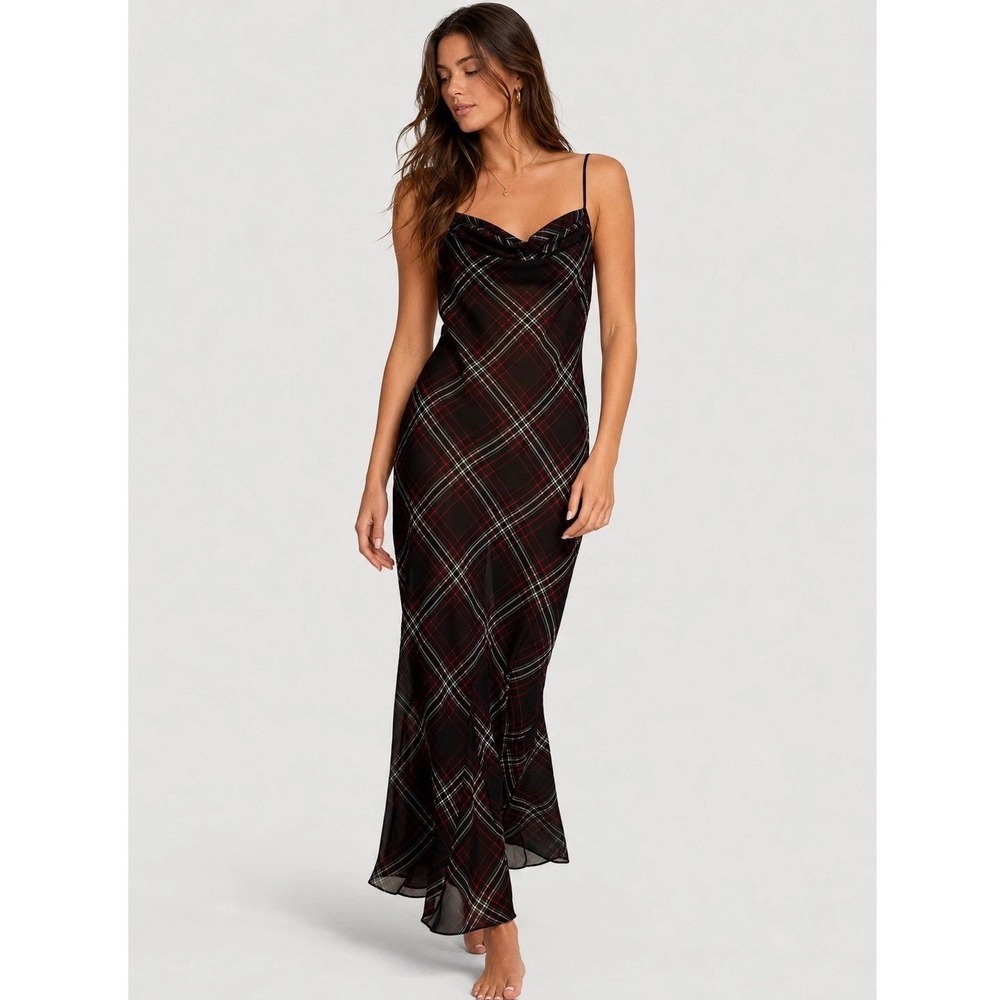 VICTORIA'S SECRET Women's Size XS New Maxi Dress Black Plaid Tartan Chiffon Slip